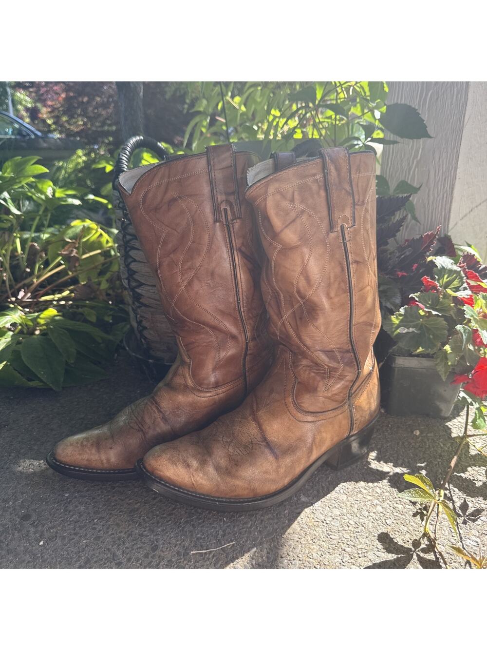 TEXAS Size 9.5EE Men Cowboy Boots Brown Leather Pointed Toe Mid- Western 8011